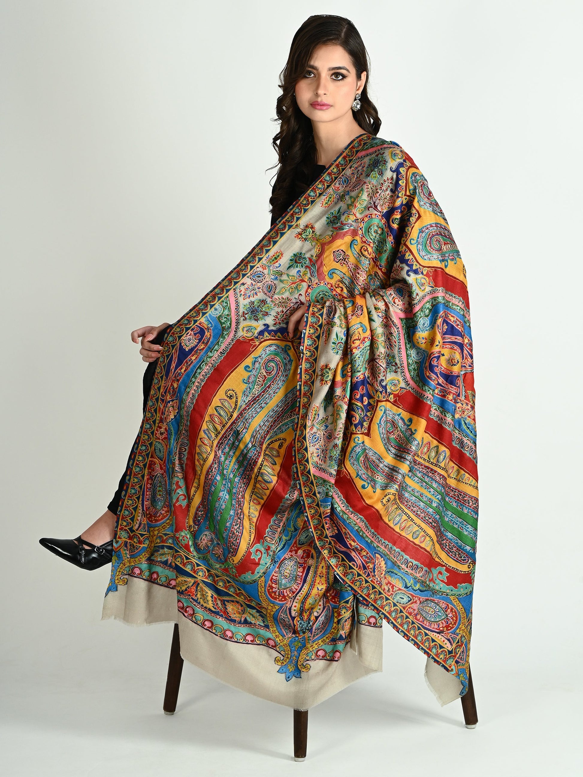 Model wearing a Paisley Couture shawl